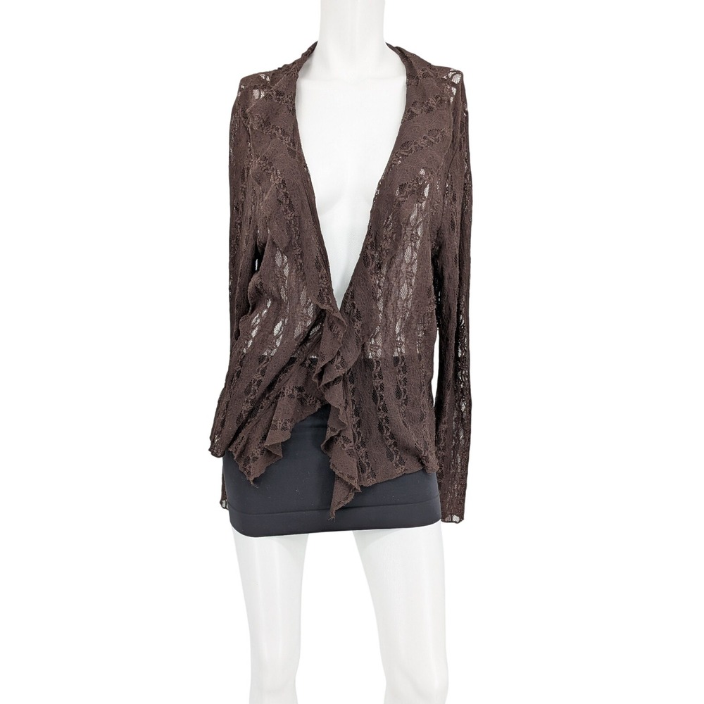 J Jill Brown Floral Lace Ruffle Cardigan Sheer Open Front Whimsigoth Y2K XLarge